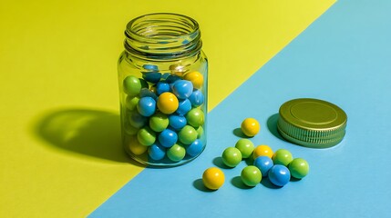 Minimal composition of yellow glass jar and colorful pills on blue background