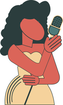 Flat design female singer performing with retro microphone on transparent background, copy space