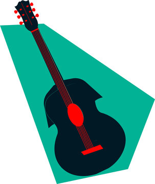 Flat six-string guitar with red details is floating over green trapezoid, transparent background