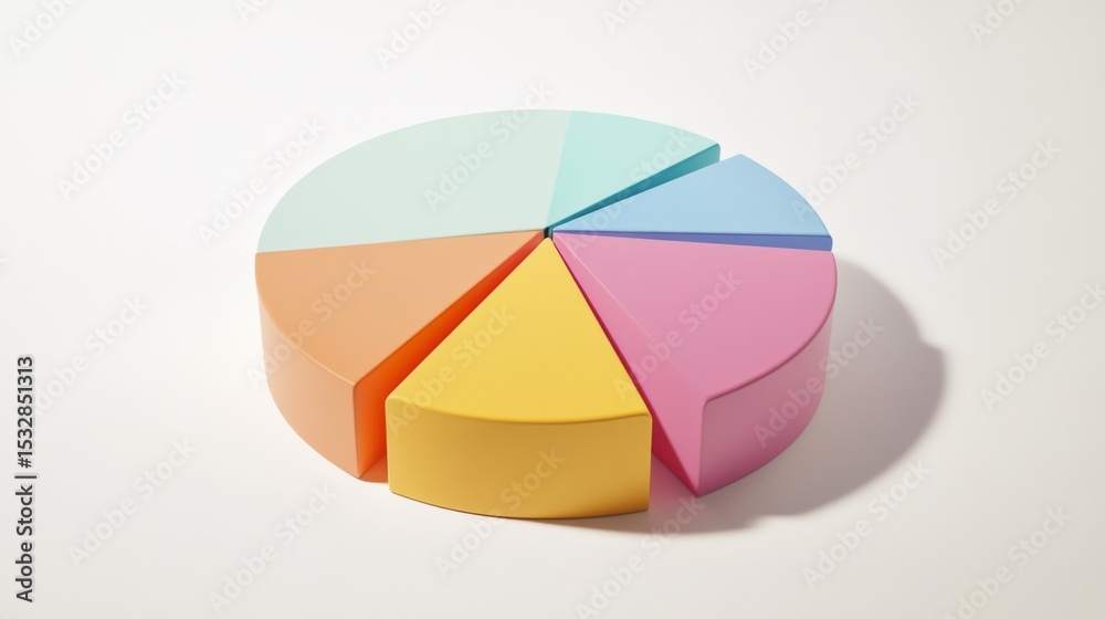 Poster Minimalist D pie chart with muted colors and soft shadows, each segment slightly offset to reveal depth on a white background