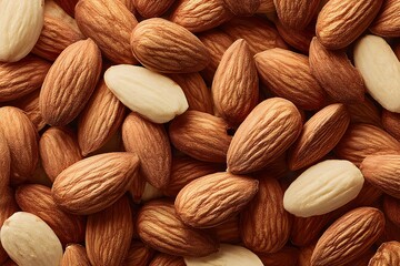 Fototapeta premium A close-up image showcases a collection of almonds, some with their skin and others peeled, creating a delicious and textured pattern