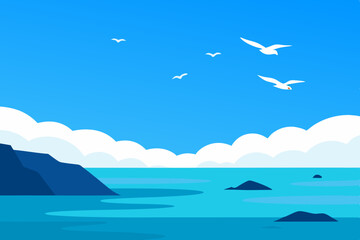 Serene coastal landscape with birds in flight