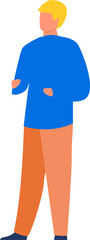 Showing peach figure wearing blue top and orange trousers in flat design on transparent background