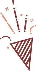 Flat vector party popper cone is bursting red and peach confetti elements on transparent background