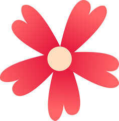 Flat design red flower is radiating five gradient petals around pale center, transparent background