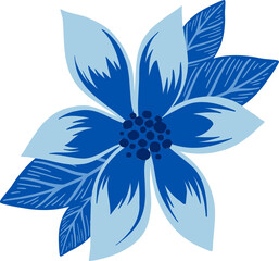 showing flat six-petaled blue flower with central dots and veined leaves on transparent background