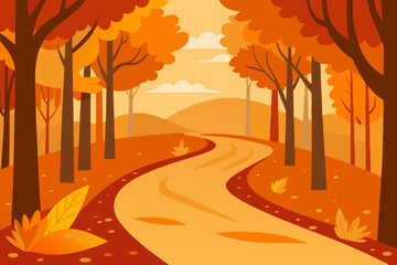Autumn road winding through colorful forest