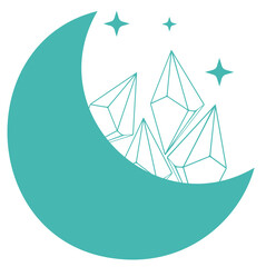 Flat design is showing teal crescent moon encircling crystals with sparkles on transparent backdrop