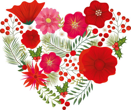 Fototapeta Heart-shaped flat design is forming with red poppies, pink daisy, berries on transparent background