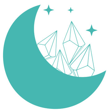 Naklejki Flat design is showing teal crescent moon encircling crystals with sparkles on transparent backdrop