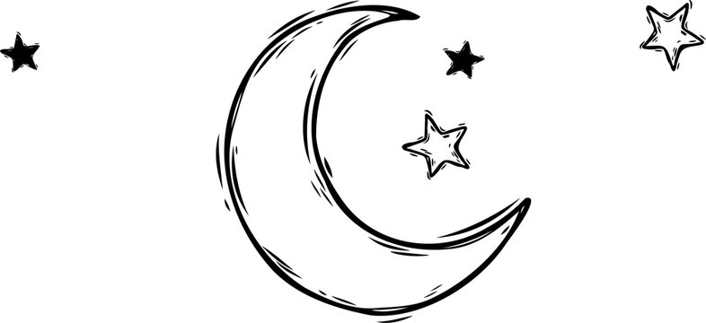 Naklejki Stylized crescent moon is floating in hand drawn sketch style on transparent background with stars
