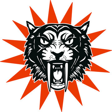 Fototapeta Roaring sabertooth cat head is bursting against red burst rays in flat art on transparent backdrop