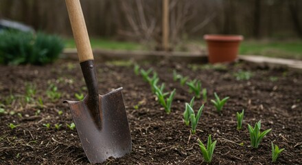 Garden shovel in freshly tilled soil with young plants