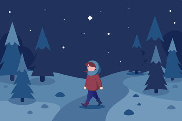 Girl walking alone in snowy winter night forest