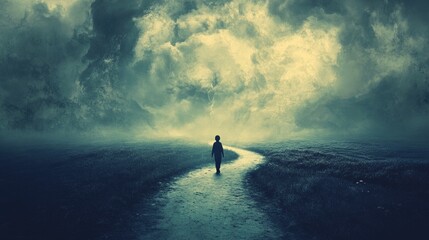 Boy walking on a path made of his own thoughts, abstract and surreal path, minimalist background. generative ai