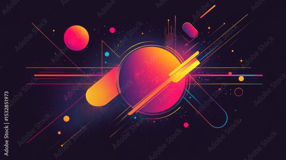 Aufkleber Neon-colored vector graphics with abstract shapes and lines on a black background, creating a modern digital art effect
