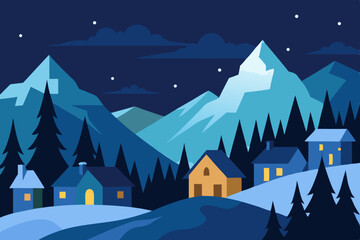 Fototapeta premium Nighttime village in snowy mountains landscape