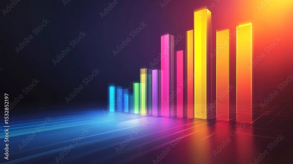 Poster Perspective view of a D bar graph with bars gradually increasing in height, set against a dark background with subtle light effects