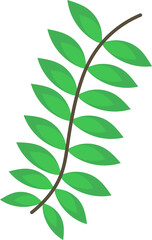 Stylized plant branch is curving gently on transparent background, showing bright green leaves