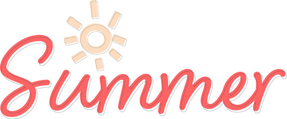 Summer hand-lettering is showing in flat art with coral red pale yellow sun icon, transparent field