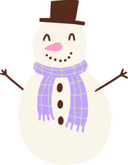 Flat design cartoon snowman is wearing brown top hat and checkered scarf on transparent background