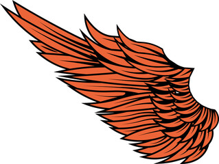 Stylized wing is being shown on transparent background with orange feathers and black outlines