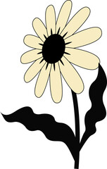 Featuring vector flower with yellow petals, black center, stem with wavy leaves on clear background