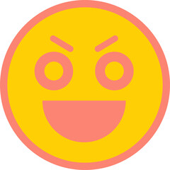 round cartoon emoji face is displaying mischievous grin in flat vector on transparent background