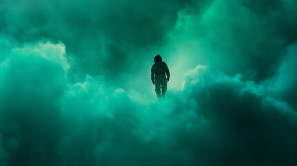 Surreal dark green misty clouds with lone silhouette in center of dreamlike atmosphere
