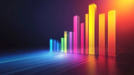 Fototapeta premium Perspective view of a D bar graph with bars gradually increasing in height, set against a dark background with subtle light effects