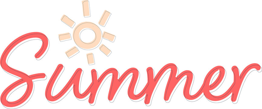 Naklejki Summer hand-lettering is showing in flat art with coral red pale yellow sun icon, transparent field