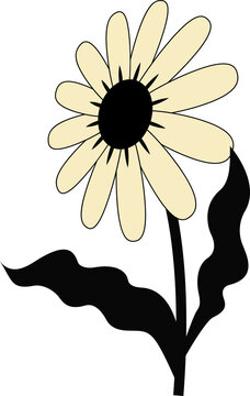 Fototapeta Featuring vector flower with yellow petals, black center, stem with wavy leaves on clear background