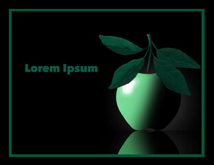 A green apple with leaves still on the stem are seen in a framed dark background with text space or copy space in a 3-d illustration.