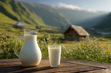 Traditional milk jug and glass in alpine countryside setting