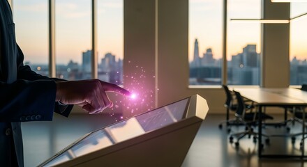 Fototapeta premium Innovative Tech: Businessperson Using Futuristic Interface in Modern Office with City View