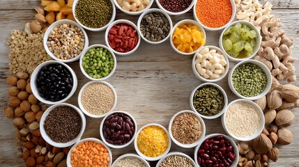 Top view of colorful spices and herbs in small bowls on rustic wooden table