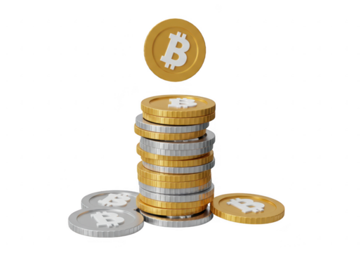 Stack of bitcoin coins in gold and silver isolated on transparent background