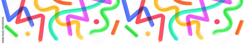 Poster abstract array showing neon squiggles and geometric shapes in flat design, transparent background