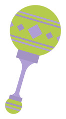 Stylized baby rattle is floating on transparent backdrop with lime green head and lavender accents