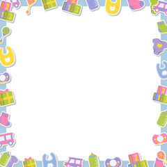 Flat design border is featuring bibs, pacifiers around teal center on clear background, copy space