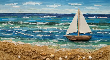 Obraz premium Seascape crafted from fabric scraps, depicting a sailboat on textured waves and sandy shore