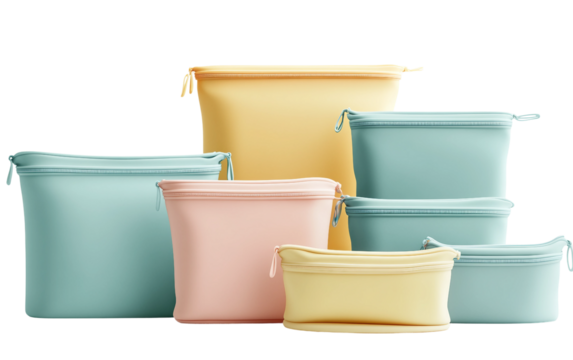 Ecofriendly silicone bags used for storing food and reducing single use plastic waste isolated on transparent background PNG