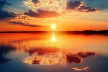 Obraz premium Sunset reflection on tranquil water creates a stunning display of colors and serenity, Sun reflecting in water