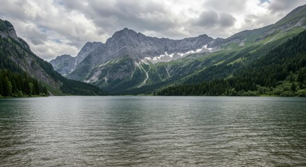 Mountain lake scene under a cloudy sky