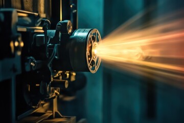 Vintage movie projector illuminating film in a dark setting, showcasing cinematic art in action, Vintage movie projector playing a film