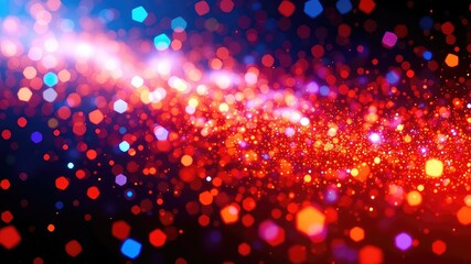 Luminous vibrant hexagonal shapes create a bokeh effect with a blend of red, orange, and blue tones over a dark background