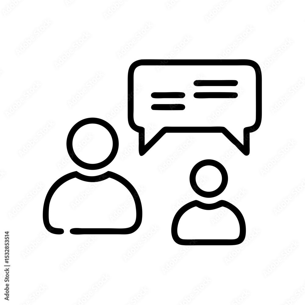 Poster Two figures in conversation with a speech bubble above them showing lines of text, simple design of a chat