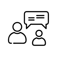 Two figures in conversation with a speech bubble above them showing lines of text, simple design of a chat