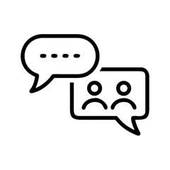 Two speech bubbles, one with three dots and the other with two people inside, in black and white design