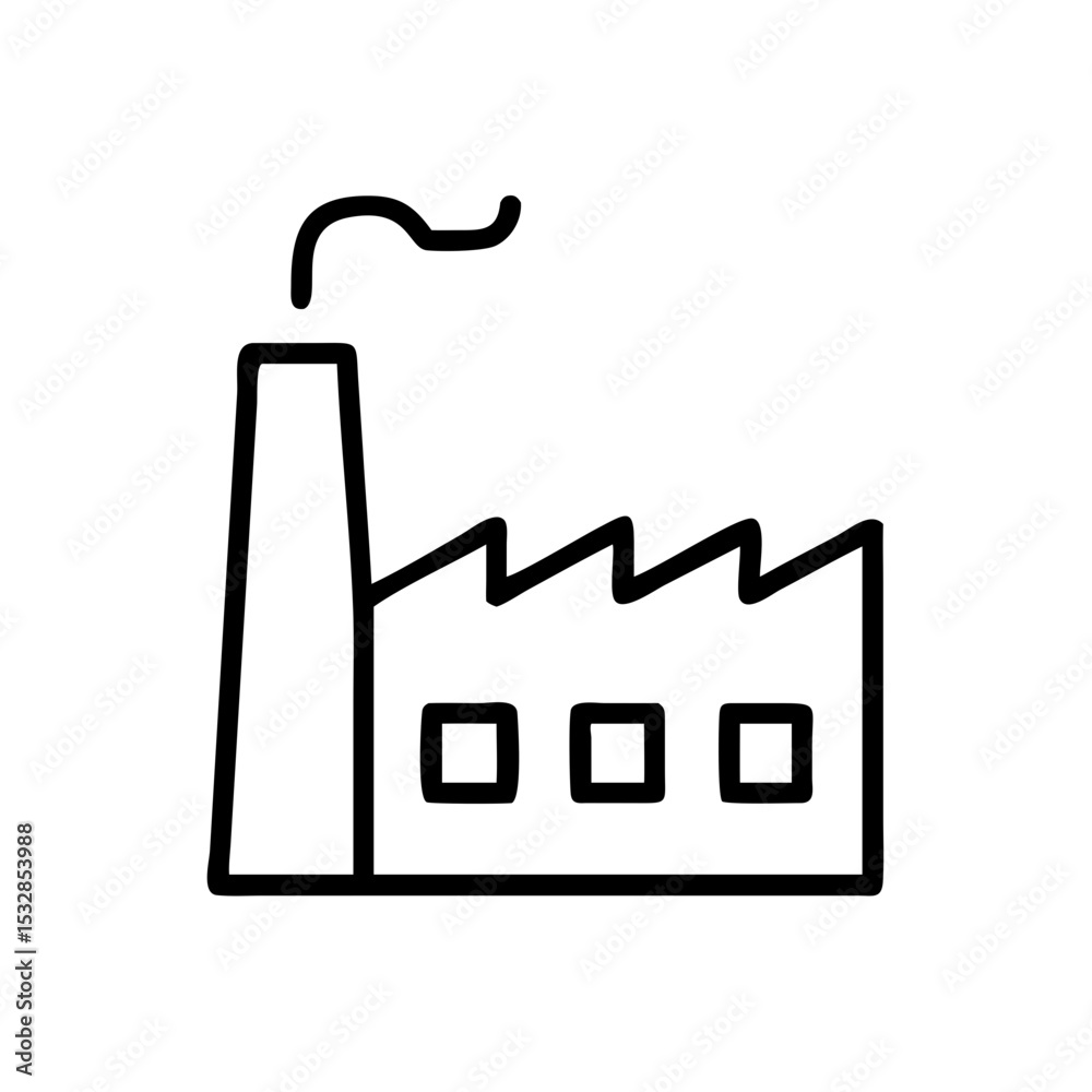 Poster Outline graphic showing a factory with a chimney and smoke coming out on a white background image